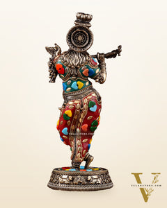 Brass Superfine Lord Krishna Idol with Meenakari Stonework – 9.5 Inch
