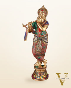 Brass Superfine Lord Krishna Sculpture - 26.5" stonework