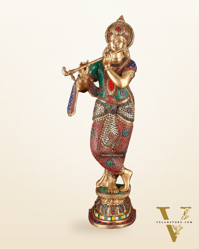 Brass Superfine Lord Krishna Sculpture - 26.5" stonework