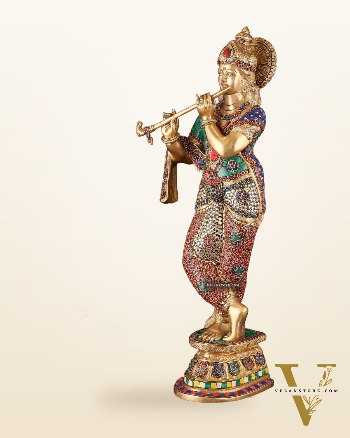 Brass Superfine Lord Krishna Sculpture - 26.5" stonework