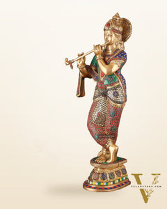 Brass Superfine Lord Krishna Sculpture - 26.5" stonework