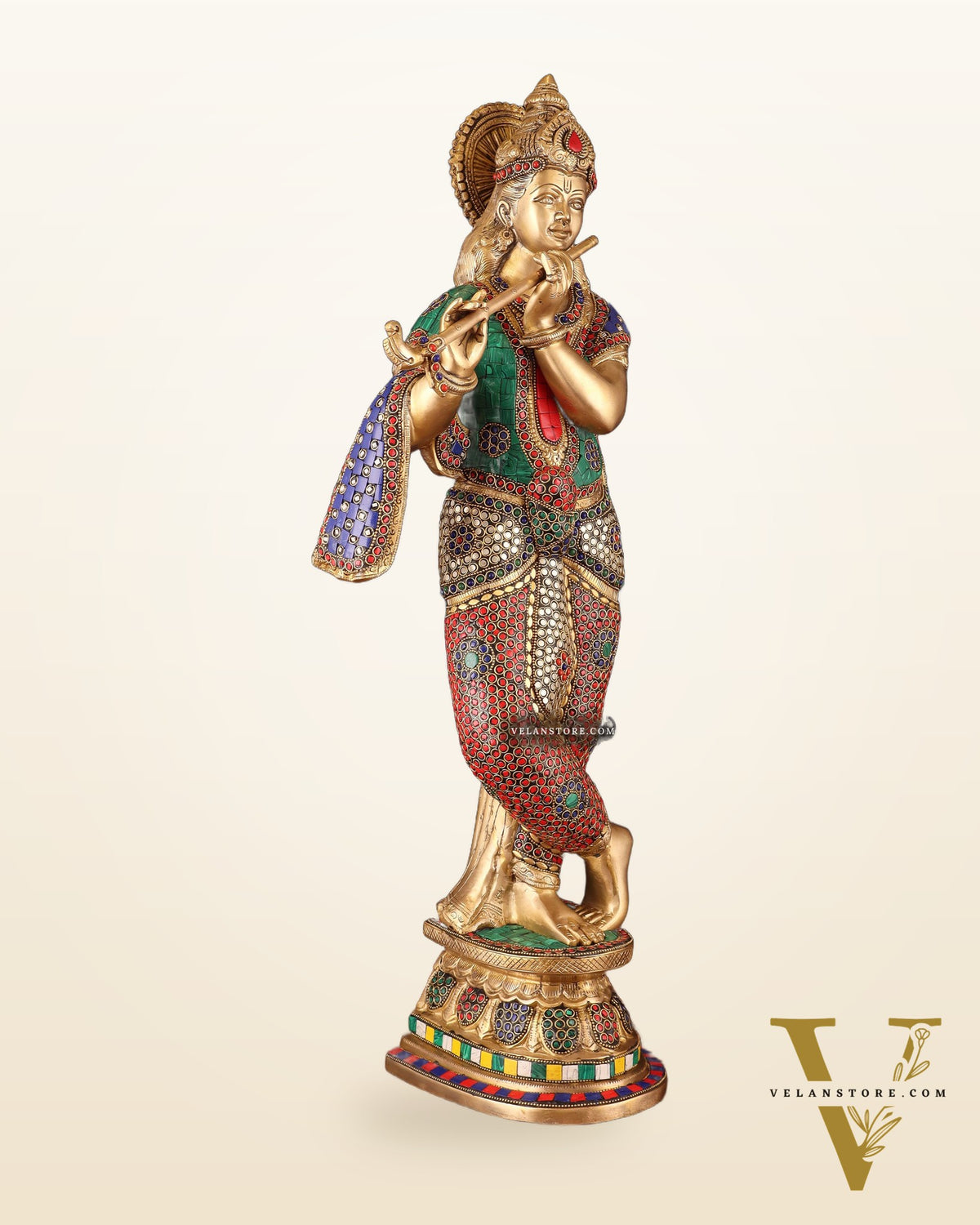 Brass Superfine Lord Krishna Sculpture - 26.5" stonework