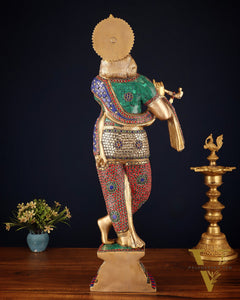Brass Superfine Lord Krishna Sculpture - 26.5" stonework