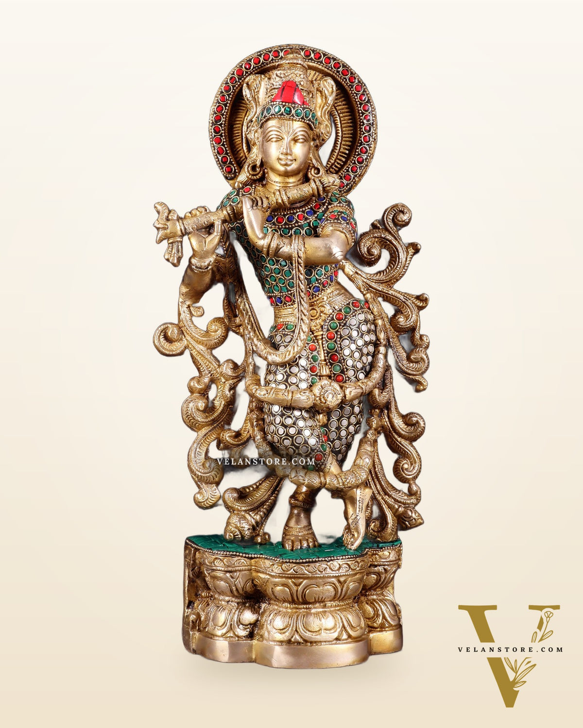 Brass Superfine Lord Krishna Statue - 15.5 Inch meenakari Stonework