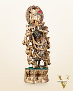 Brass Superfine Lord Krishna Statue - 15.5 Inch meenakari Stonework