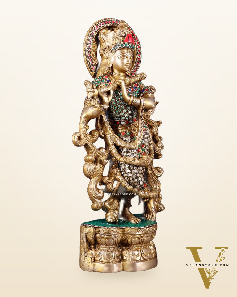 Brass Superfine Lord Krishna Statue - 15.5 Inch meenakari Stonework