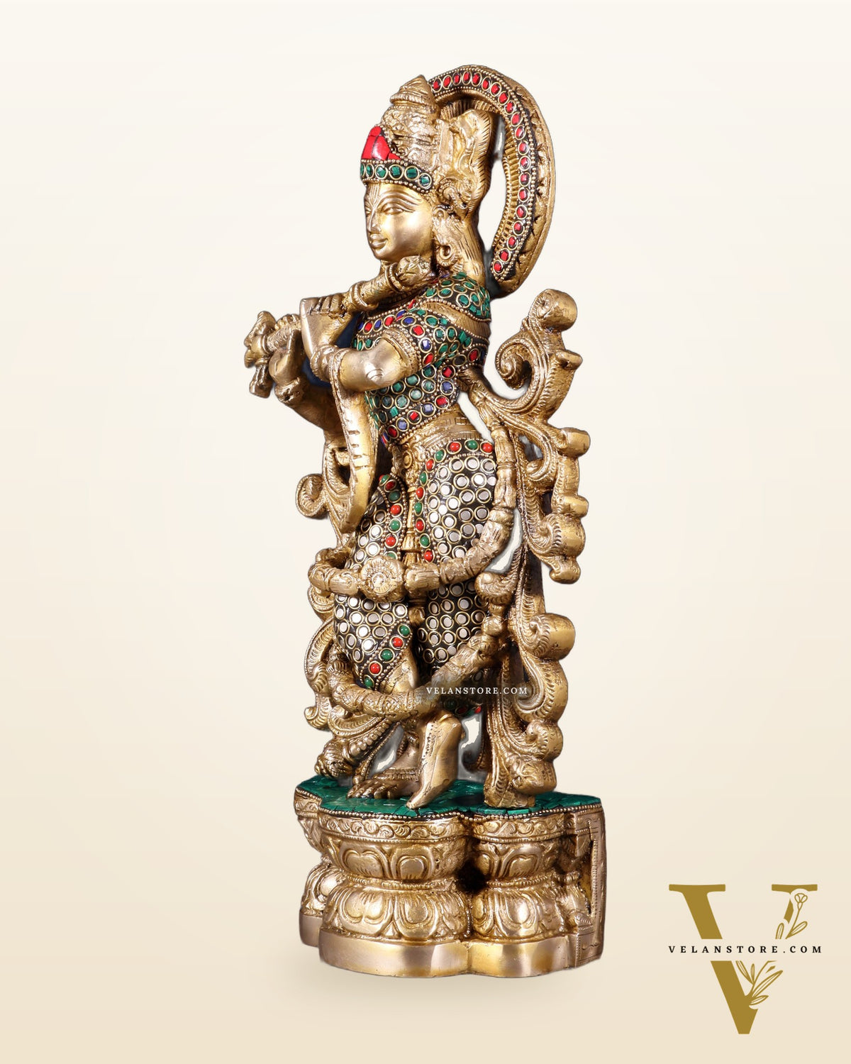 Brass Superfine Lord Krishna Statue - 15.5 Inch meenakari Stonework