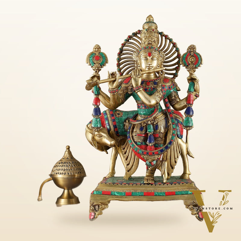 Brass Superfine Lord Krishna Statue - 24" Tall with stonework