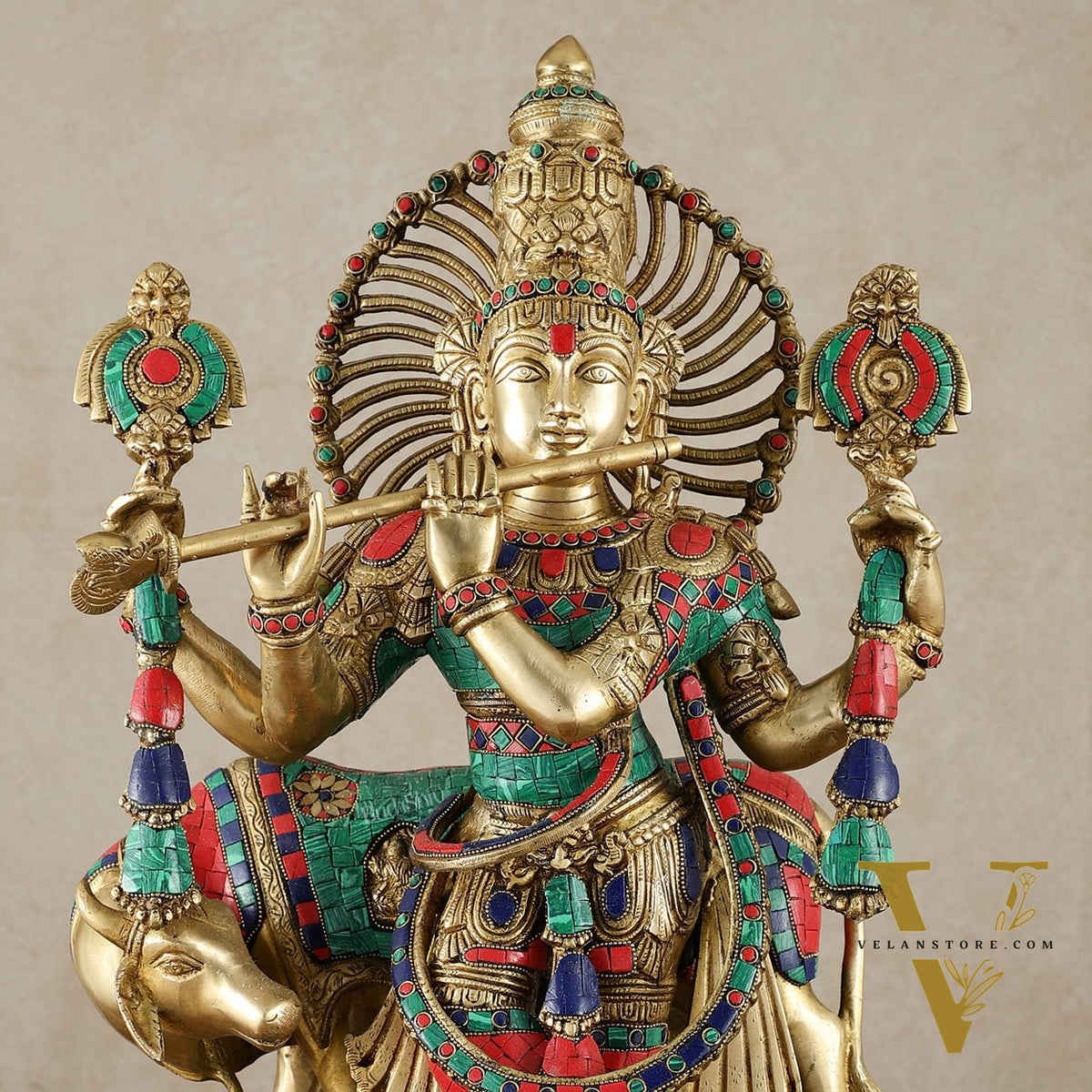 Brass Superfine Lord Krishna Statue - 24" Tall with stonework