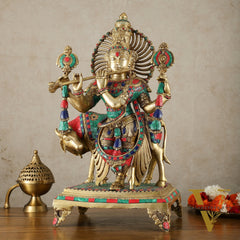 Brass Superfine Lord Krishna Statue - 24" Tall with stonework