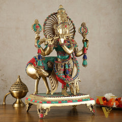 Brass Superfine Lord Krishna Statue - 24" Tall with stonework