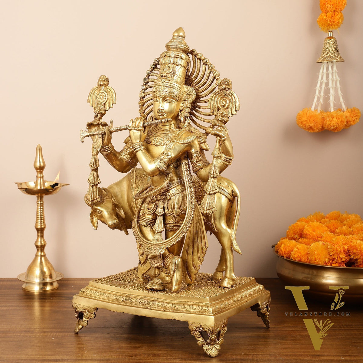 Brass Superfine Lord Krishna Statue with Shankh and Chakra - 24" Tall, 22kg