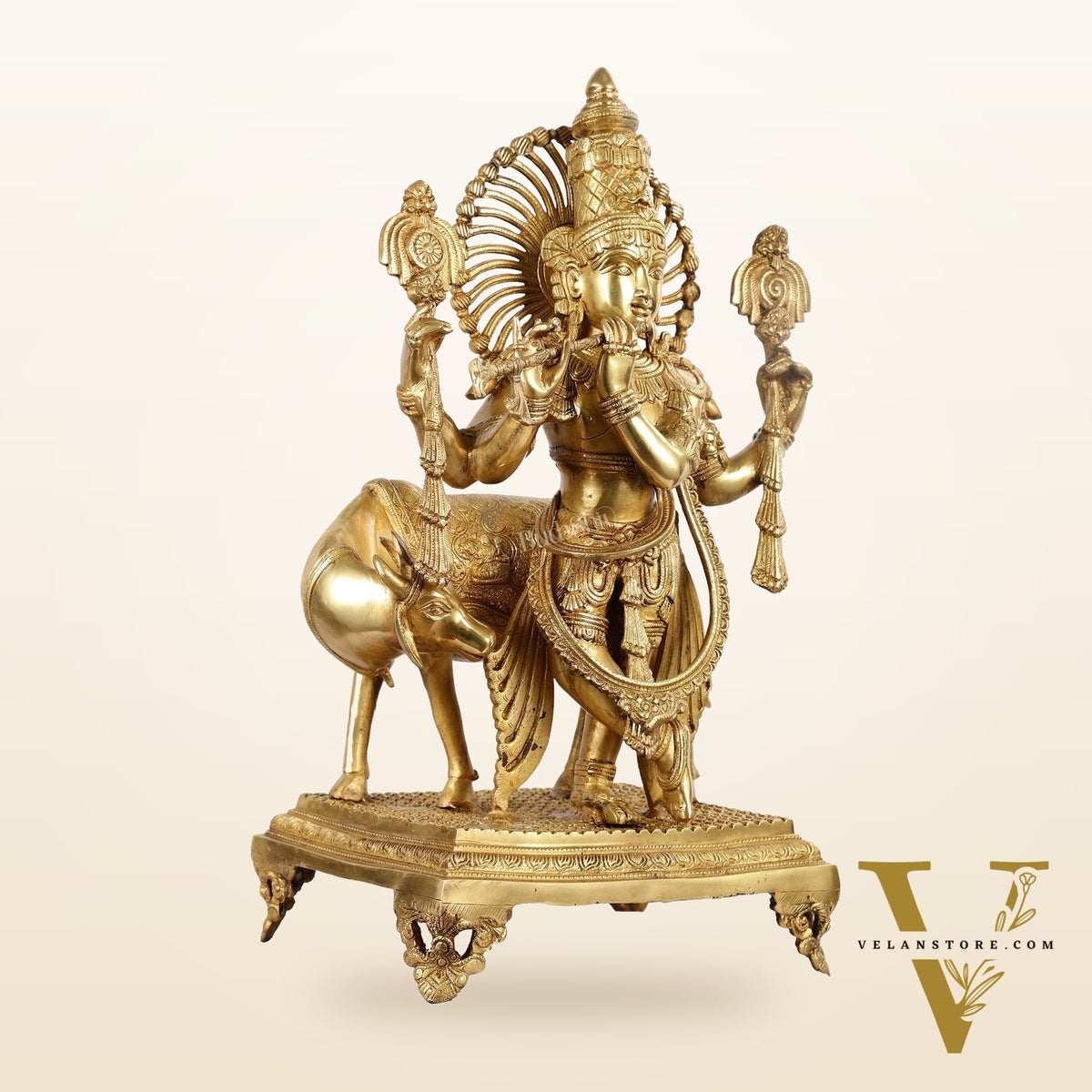 Brass Superfine Lord Krishna Statue with Shankh and Chakra - 24" Tall, 22kg