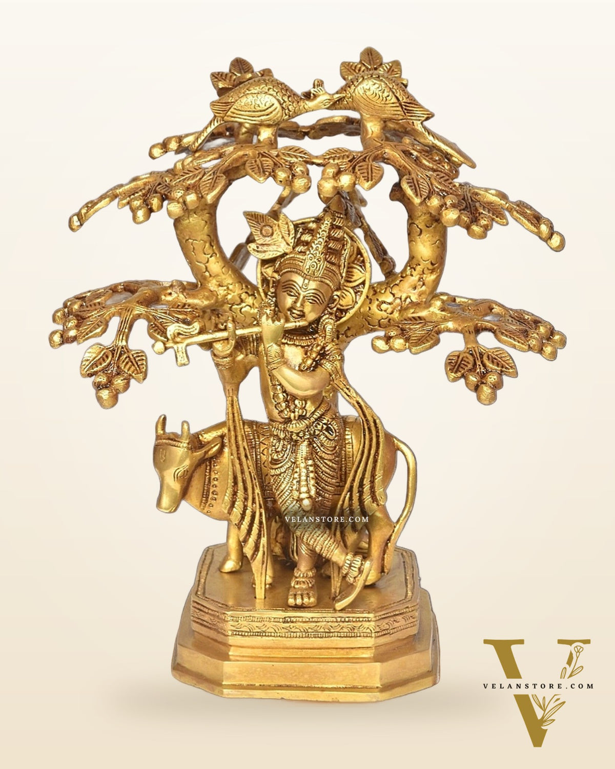 Brass superfine Lord Krishna with cow and tree idol 13 inch