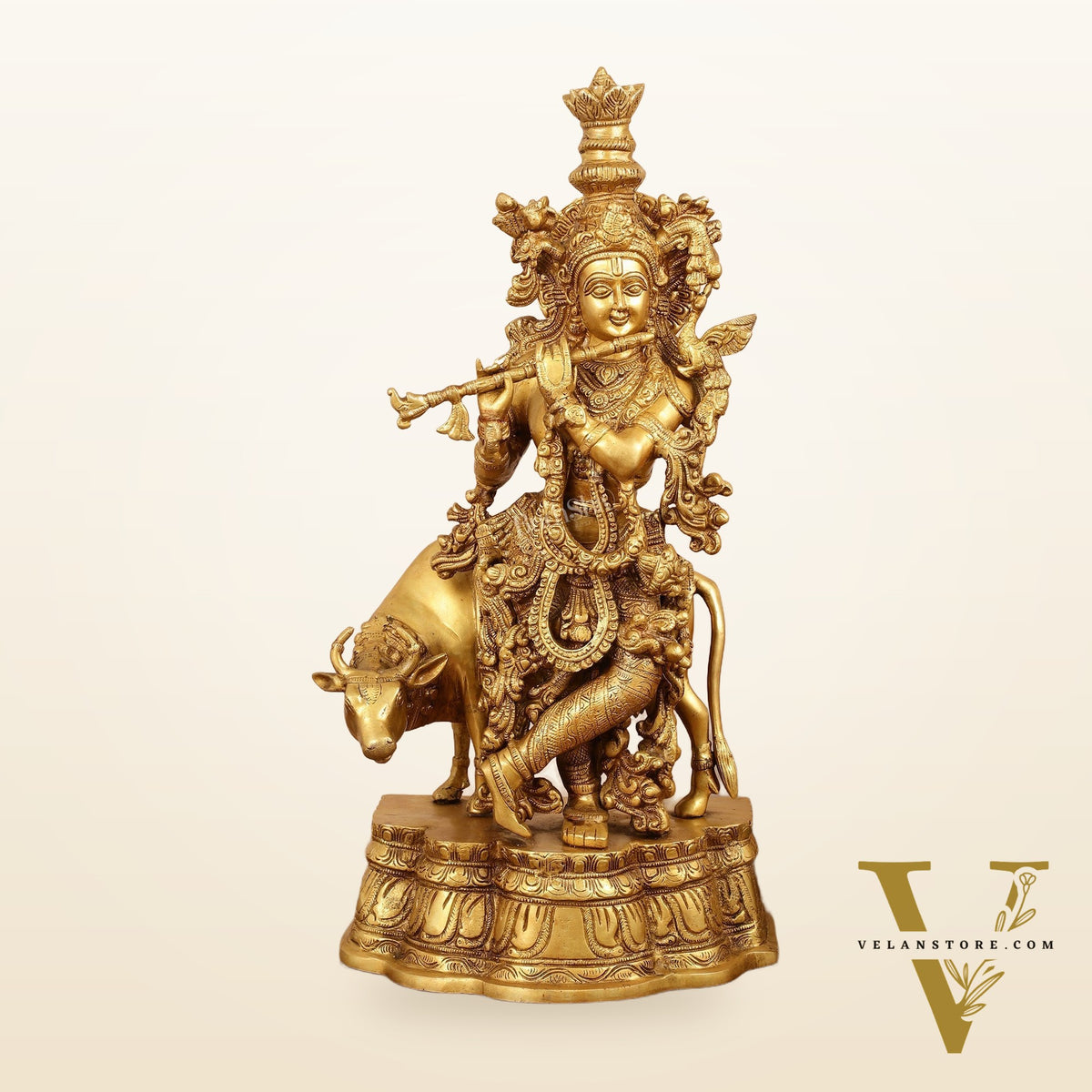 Brass Superfine Lord Krishna with Cow Idol - 22 Inch