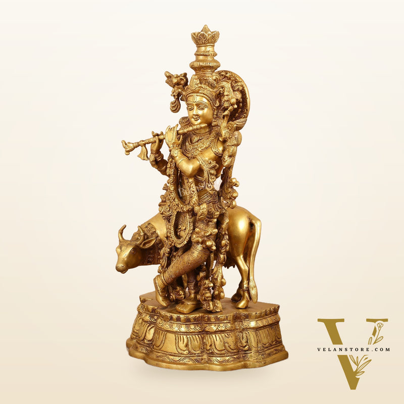 Brass Superfine Lord Krishna with Cow Idol - 22 Inch