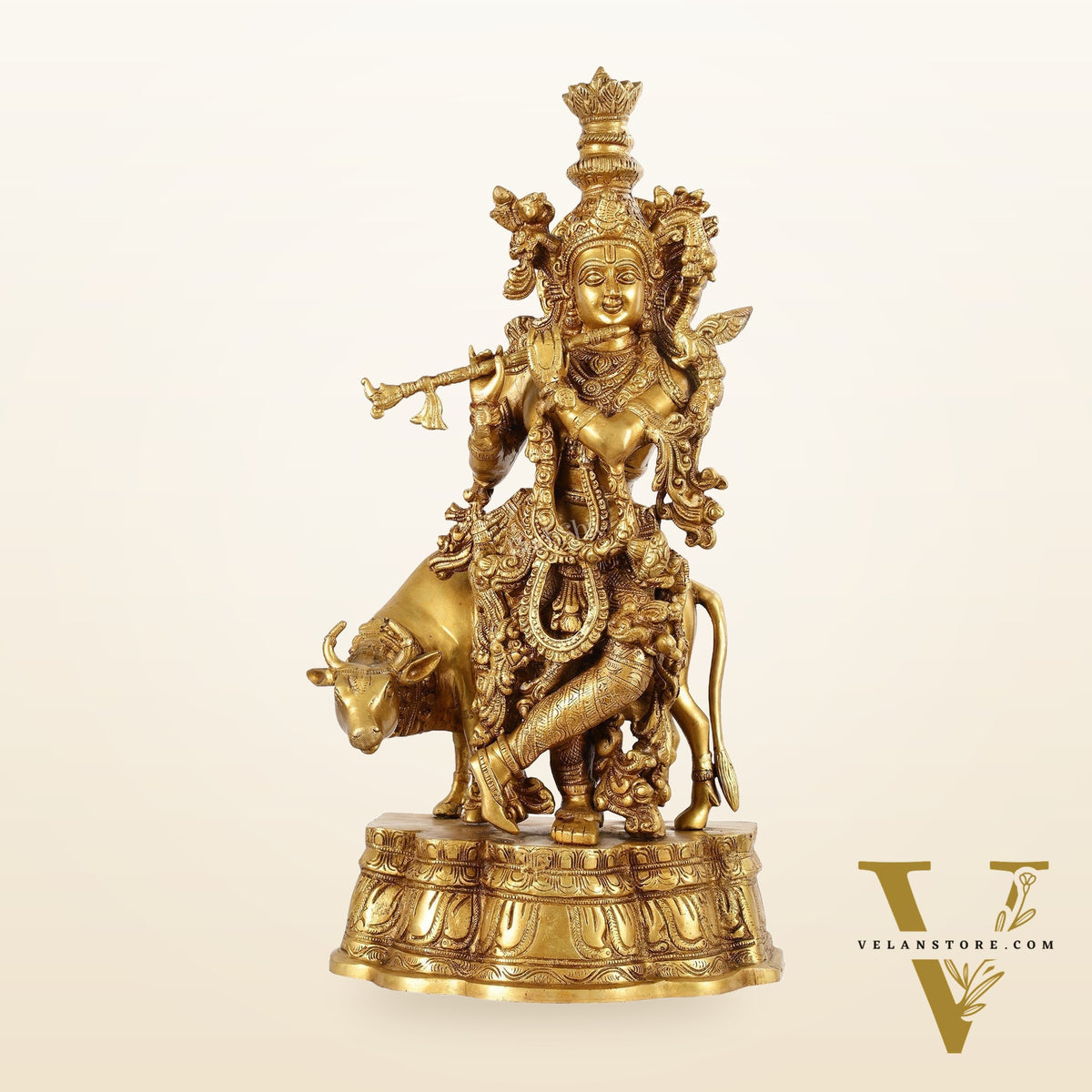 Brass Superfine Lord Krishna with Cow Idol - 22 Inch