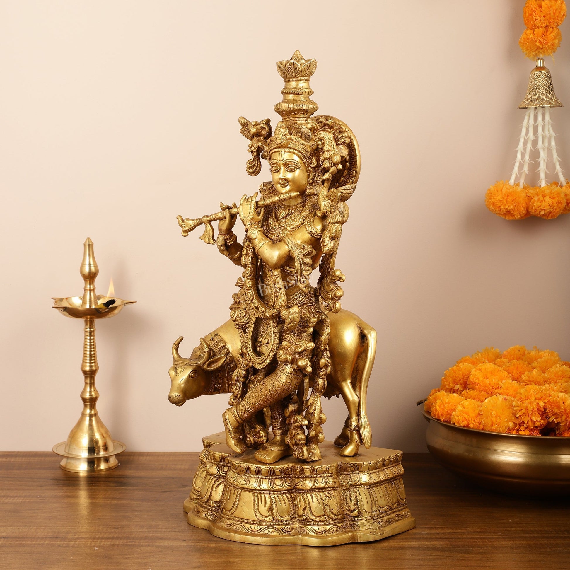 Brass Superfine Lord Krishna with Cow Idol - 22 Inch