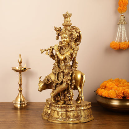 Brass Superfine Lord Krishna with Cow Idol - 22 Inch
