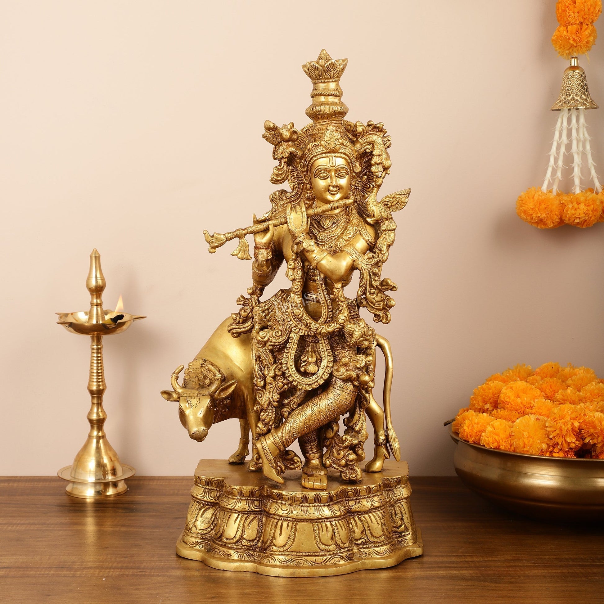 Brass Superfine Lord Krishna with Cow Idol - 22 Inch