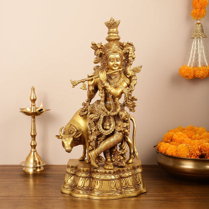 Brass Superfine Lord Krishna with Cow Idol - 22 Inch