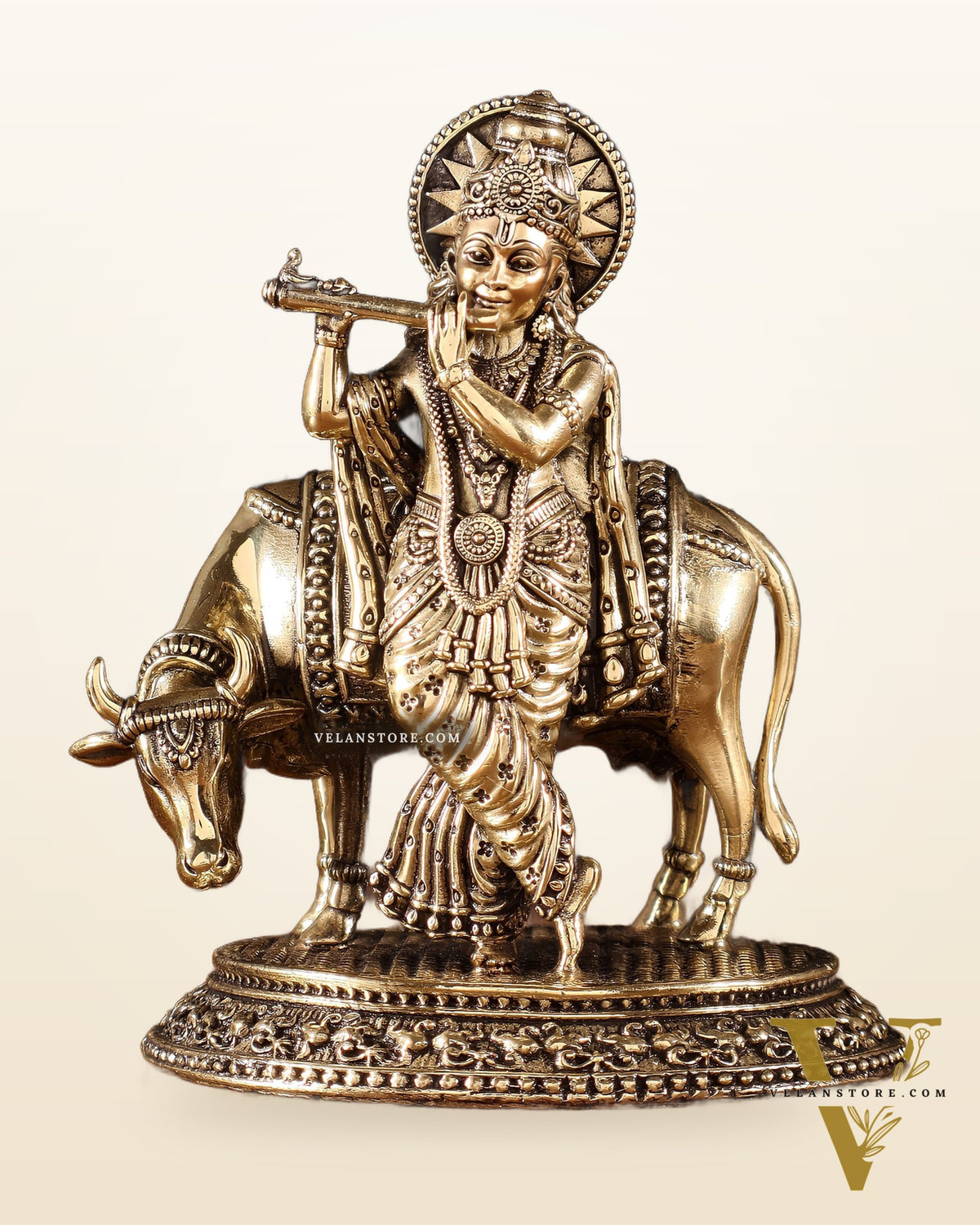 Brass Superfine Lord Krishna with Cow Idol – Intricately Crafted