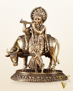 Brass Superfine Lord Krishna with Cow Idol – Intricately Crafted