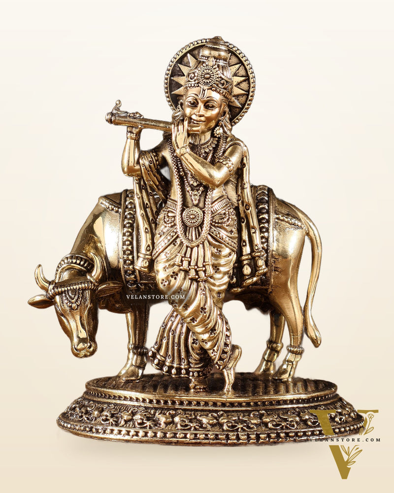 Brass Superfine Lord Krishna with Cow Idol – Intricately Crafted