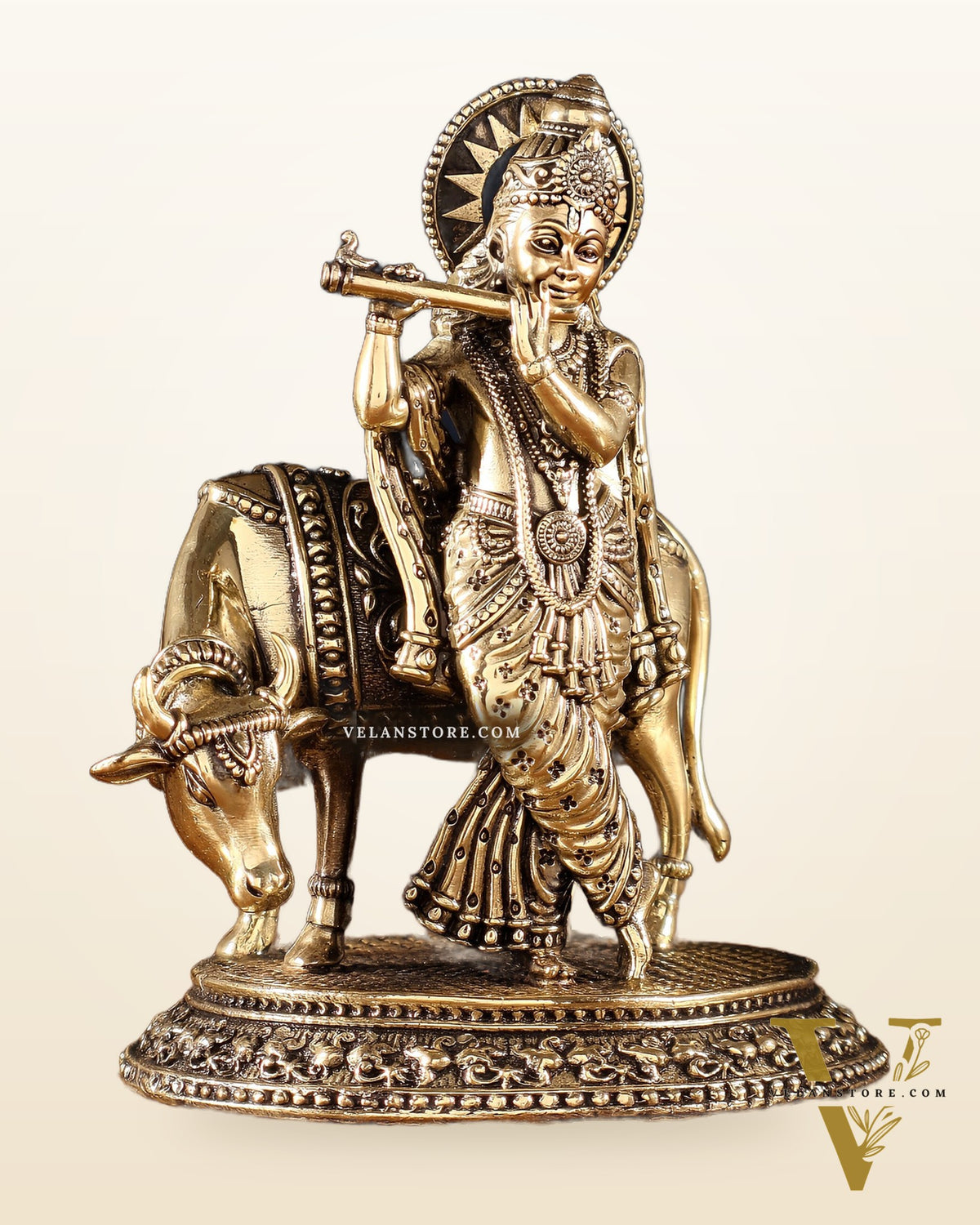 Brass Superfine Lord Krishna with Cow Idol – Intricately Crafted