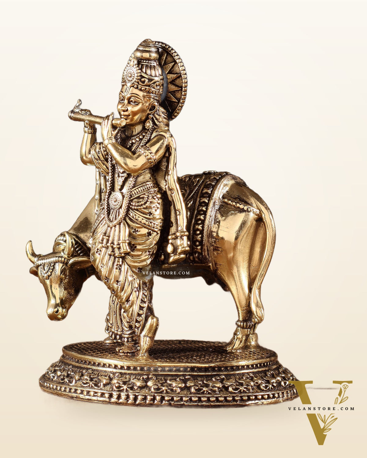 Brass Superfine Lord Krishna with Cow Idol – Intricately Crafted