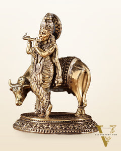 Brass Superfine Lord Krishna with Cow Idol – Intricately Crafted