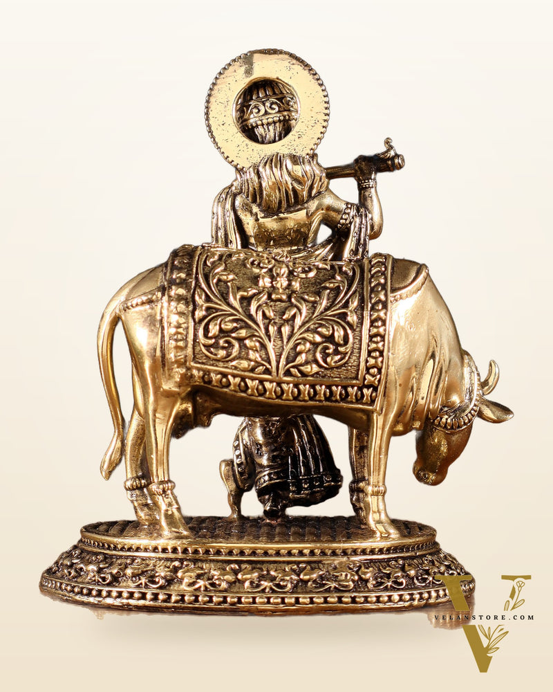 Brass Superfine Lord Krishna with Cow Idol – Intricately Crafted