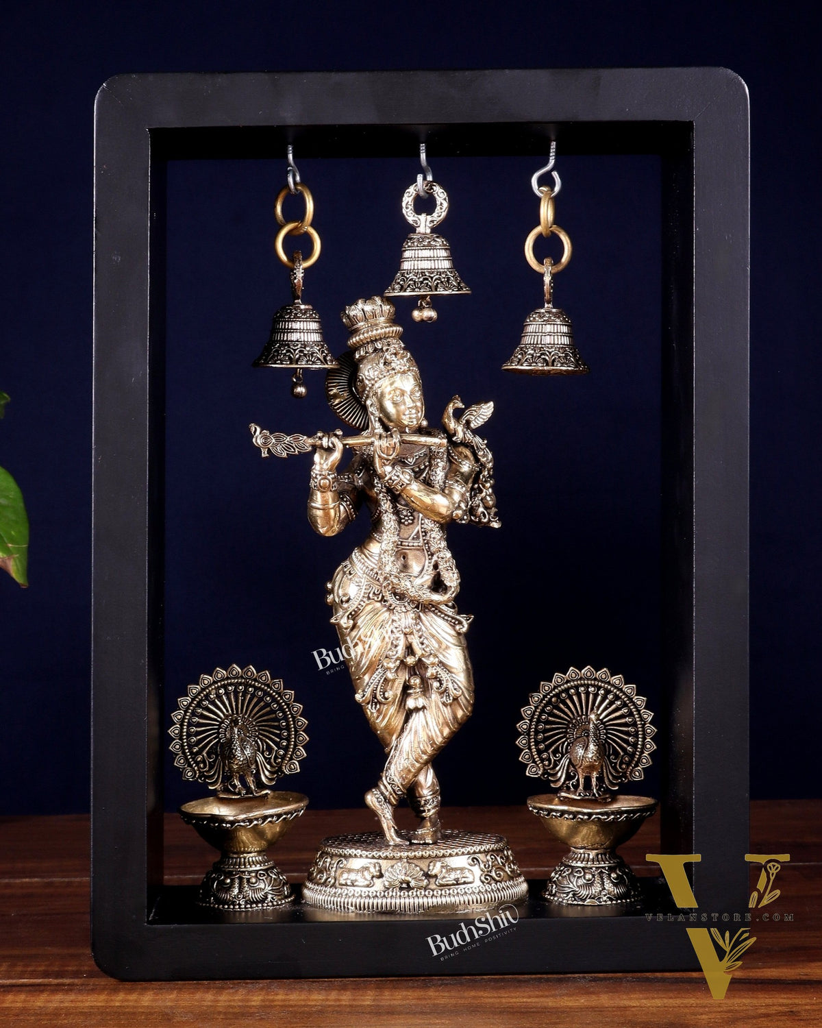 Brass Superfine Lord Krishna with Hanging Bells & Peacock Lamps on MDF Panel 11 inch