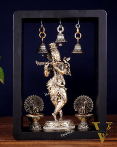 Brass Superfine Lord Krishna with Hanging Bells & Peacock Lamps on MDF Panel 11 inch