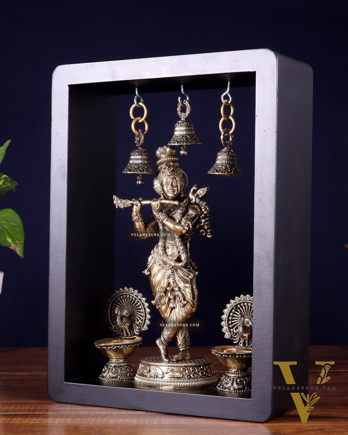 Brass Superfine Lord Krishna with Hanging Bells & Peacock Lamps on MDF Panel 11 inch