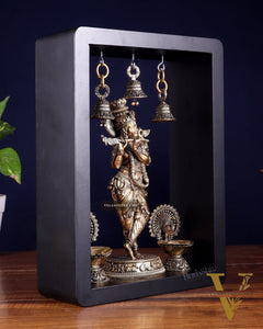 Brass Superfine Lord Krishna with Hanging Bells & Peacock Lamps on MDF Panel 11 inch