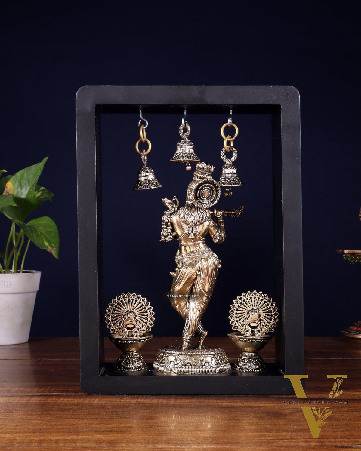 Brass Superfine Lord Krishna with Hanging Bells & Peacock Lamps on MDF Panel 11 inch