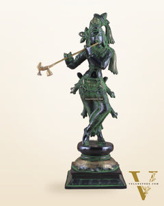Brass Superfine Lord Krishna with Unique Crown Idol | Height: 14.5 inch black and green patina
