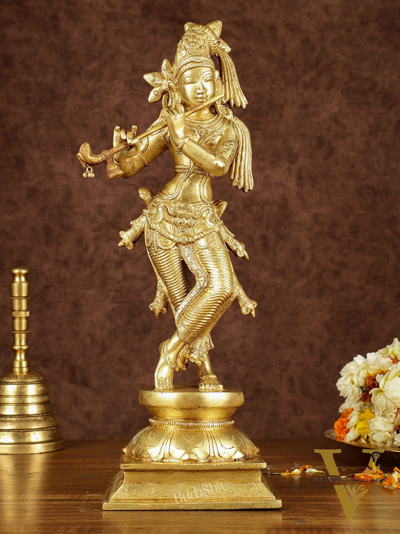 Brass Superfine Lord Krishna with Unique Crown Idol | Height: 14.5 inch