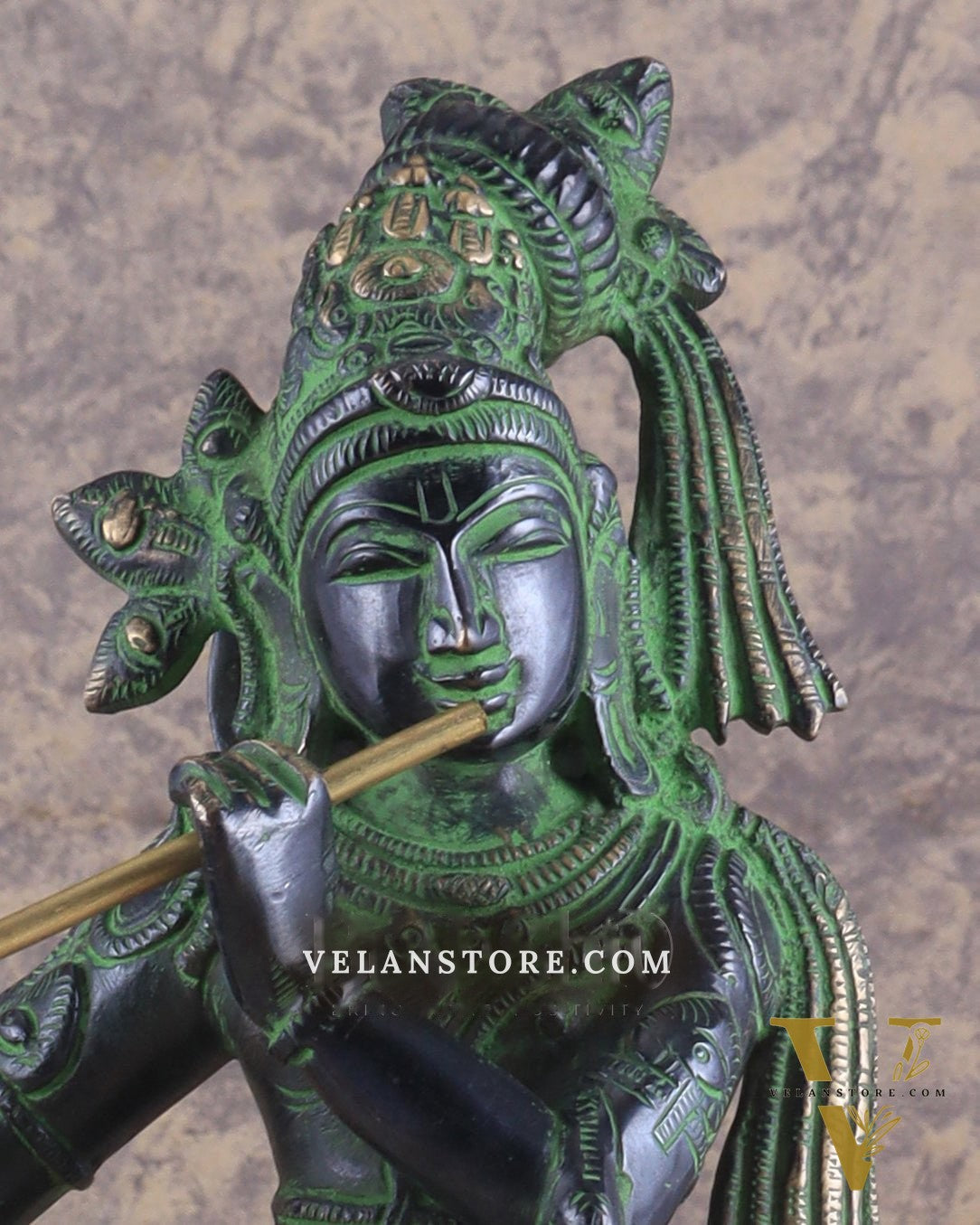 Brass Superfine Lord Krishna with Unique Crown Idol | Height: 14.5 inch black and green patina