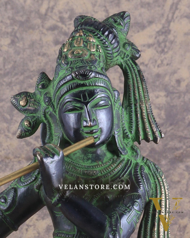 Brass Superfine Lord Krishna with Unique Crown Idol | Height: 14.5 inch black and green patina