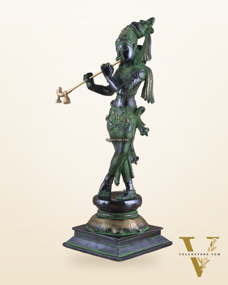 Brass Superfine Lord Krishna with Unique Crown Idol | Height: 14.5 inch black and green patina