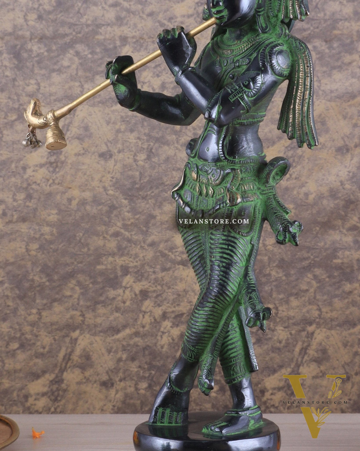 Brass Superfine Lord Krishna with Unique Crown Idol | Height: 14.5 inch black and green patina