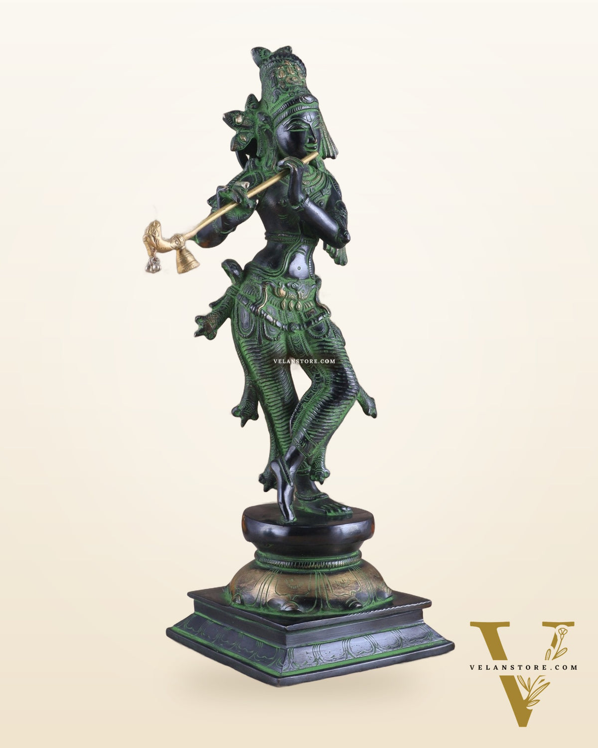 Brass Superfine Lord Krishna with Unique Crown Idol | Height: 14.5 inch black and green patina