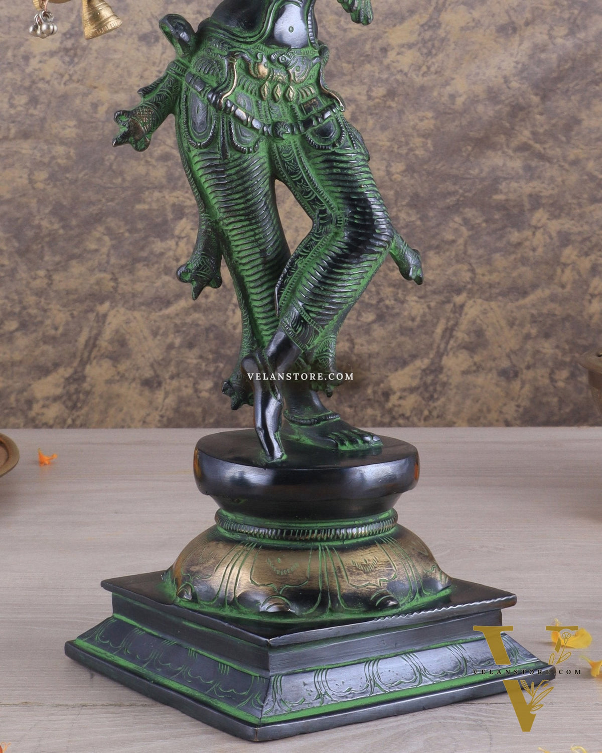 Brass Superfine Lord Krishna with Unique Crown Idol | Height: 14.5 inch black and green patina