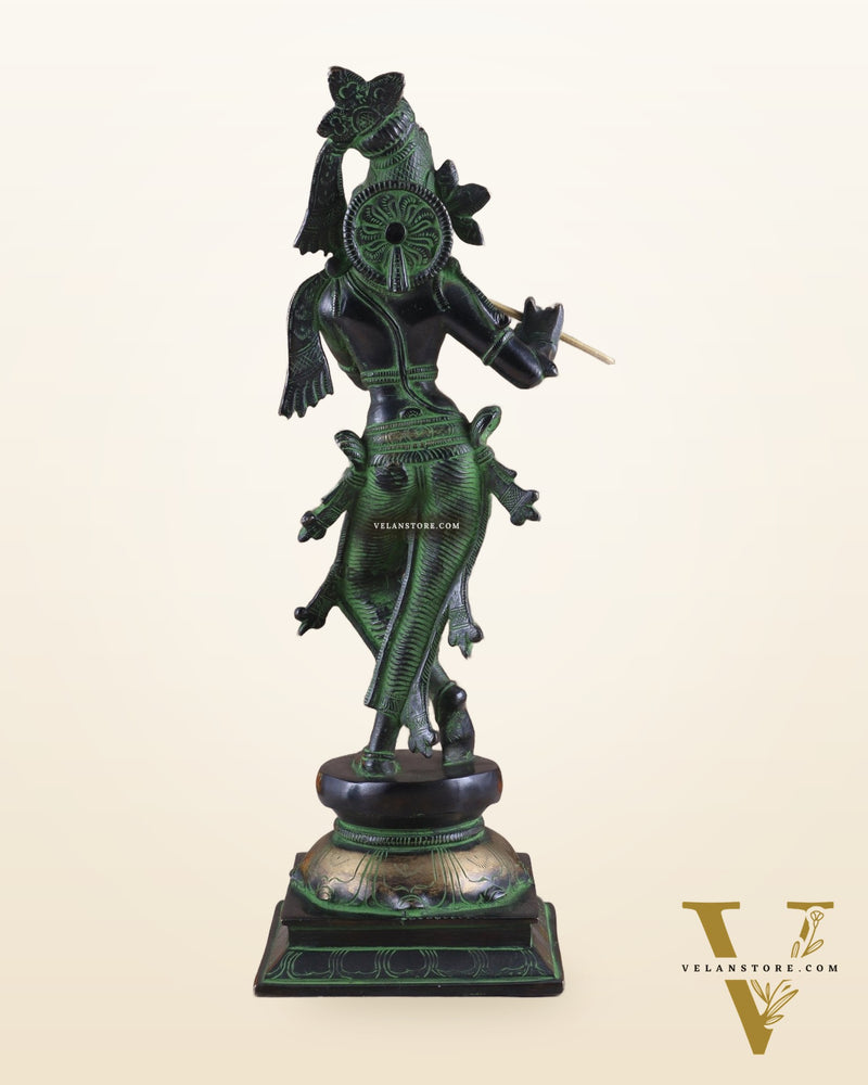 Brass Superfine Lord Krishna with Unique Crown Idol | Height: 14.5 inch black and green patina