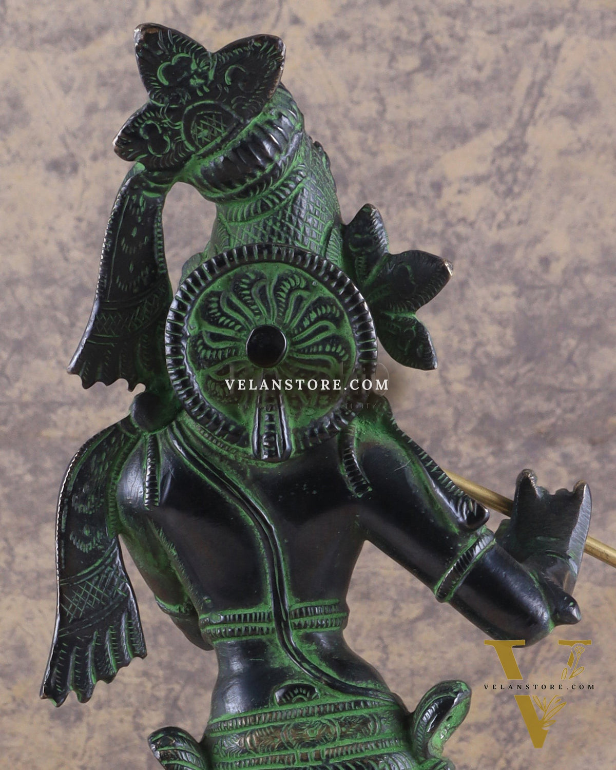 Brass Superfine Lord Krishna with Unique Crown Idol | Height: 14.5 inch black and green patina
