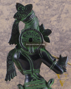 Brass Superfine Lord Krishna with Unique Crown Idol | Height: 14.5 inch black and green patina