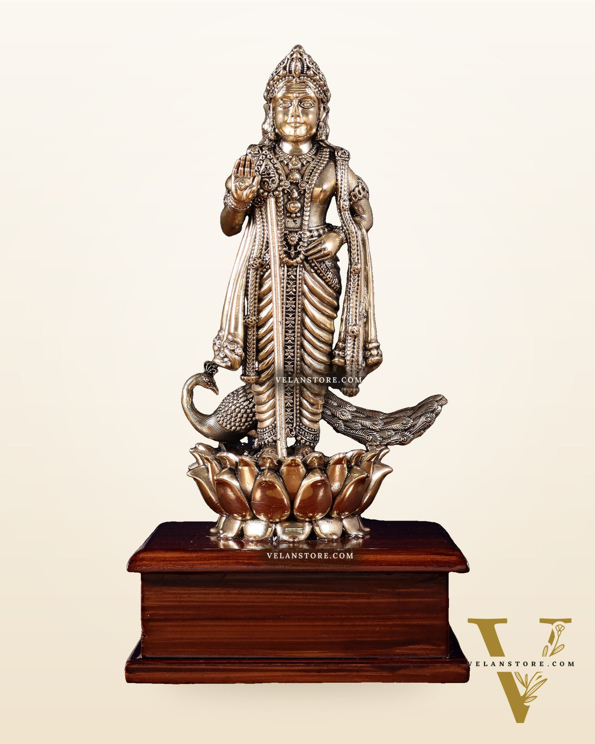 Brass Superfine Lord Murugan Idol on Wooden Base – 10 Inch