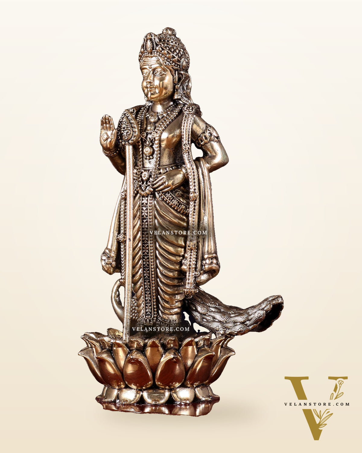 Brass Superfine Lord Murugan Idol on Wooden Base – 10 Inch